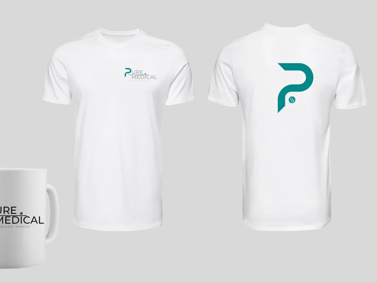 Identidad de Pure Medical aplicada a camisetas y taza corporativa