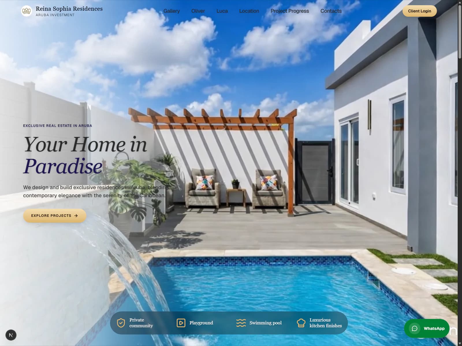 Hero del sitio web inmobiliario de Reina Sophia Residences en Aruba