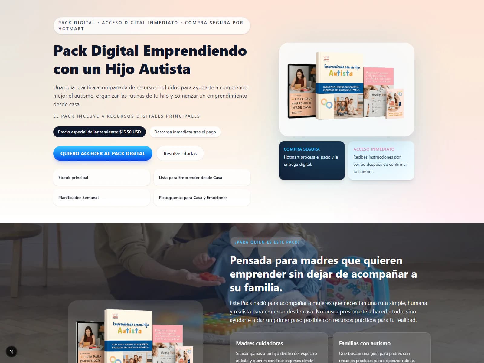 Hero de la landing page del producto Emprendiendo con un Hijo Autista