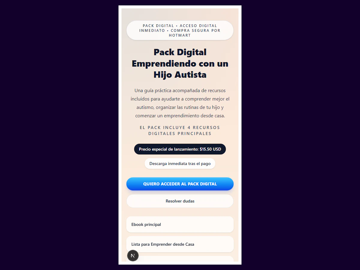 Experiencia responsive de la landing page en dispositivo móvil