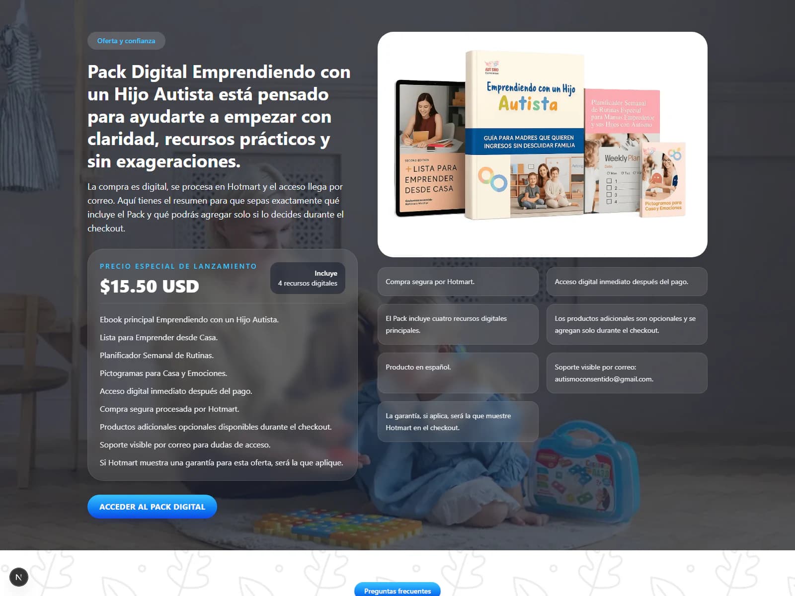 Sección de oferta y llamado a la acción conectado con Hotmart